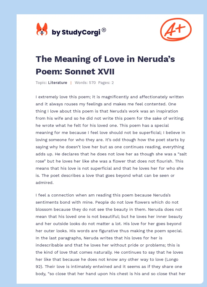 The Meaning of Love in Neruda’s Poem: Sonnet XVII. Page 1