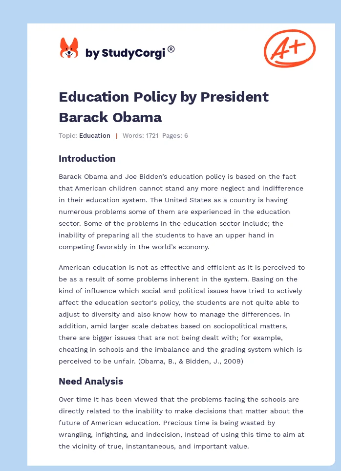 Education Policy by President Barack Obama. Page 1