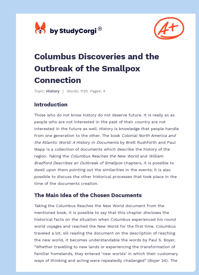 Columbus Discoveries and the Outbreak of the Smallpox Connection. Page 1