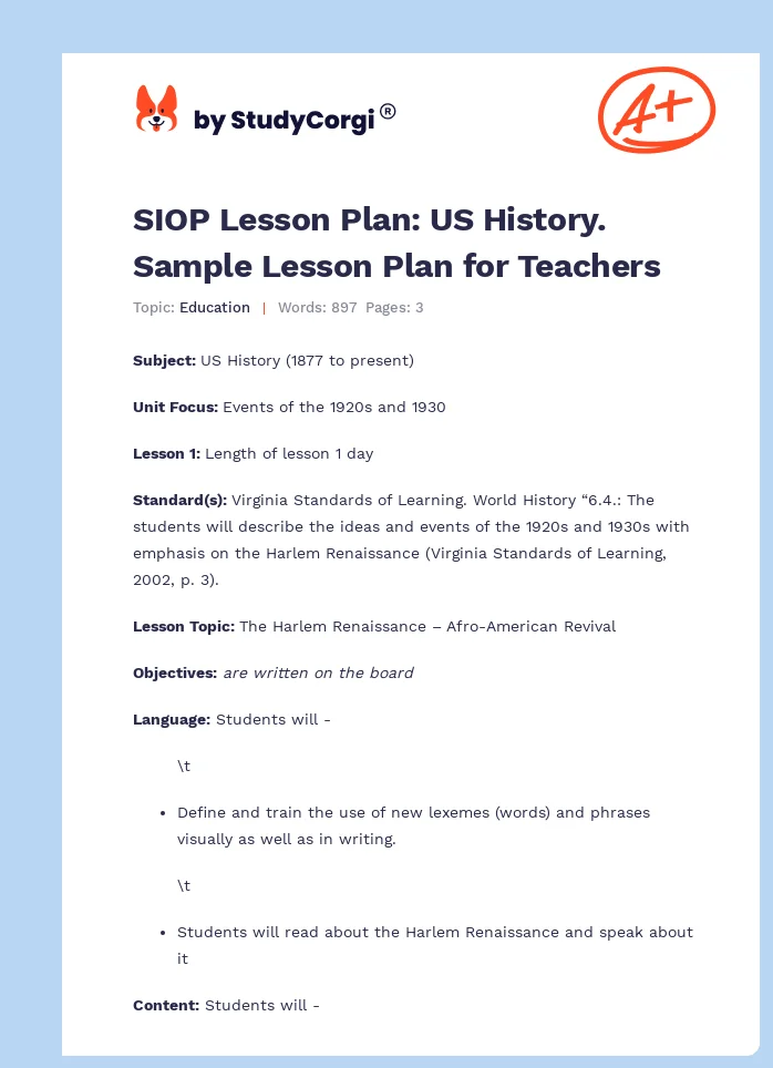 SIOP Lesson Plan: US History. Sample Lesson Plan for Teachers. Page 1