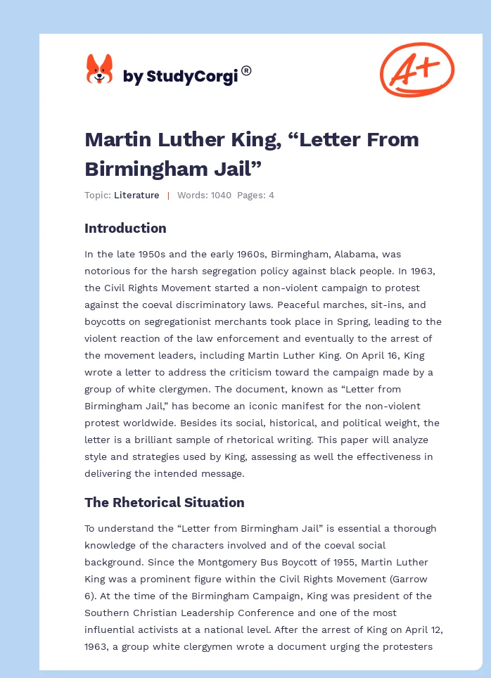 Martin Luther King, “Letter From Birmingham Jail”. Page 1