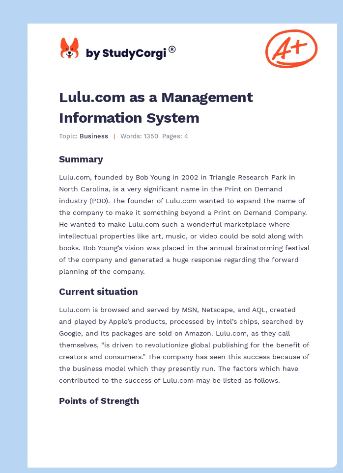 Lulu.com as a Management Information System. Page 1