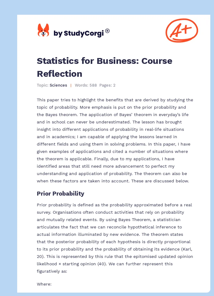 Statistics for Business: Course Reflection. Page 1