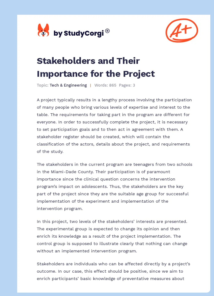Stakeholders and Their Importance for the Project. Page 1