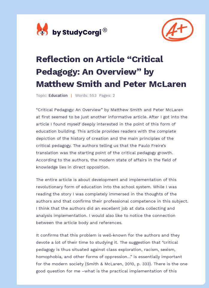 Reflection on Article “Critical Pedagogy: An Overview” by Matthew Smith and Peter McLaren. Page 1