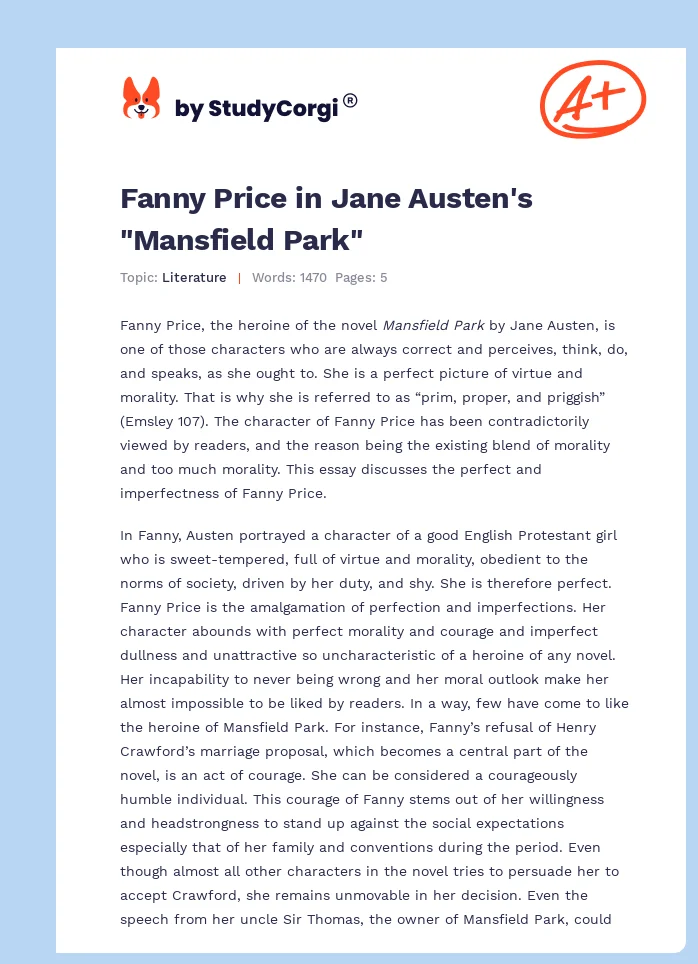 Fanny Price in Jane Austen's "Mansfield Park". Page 1