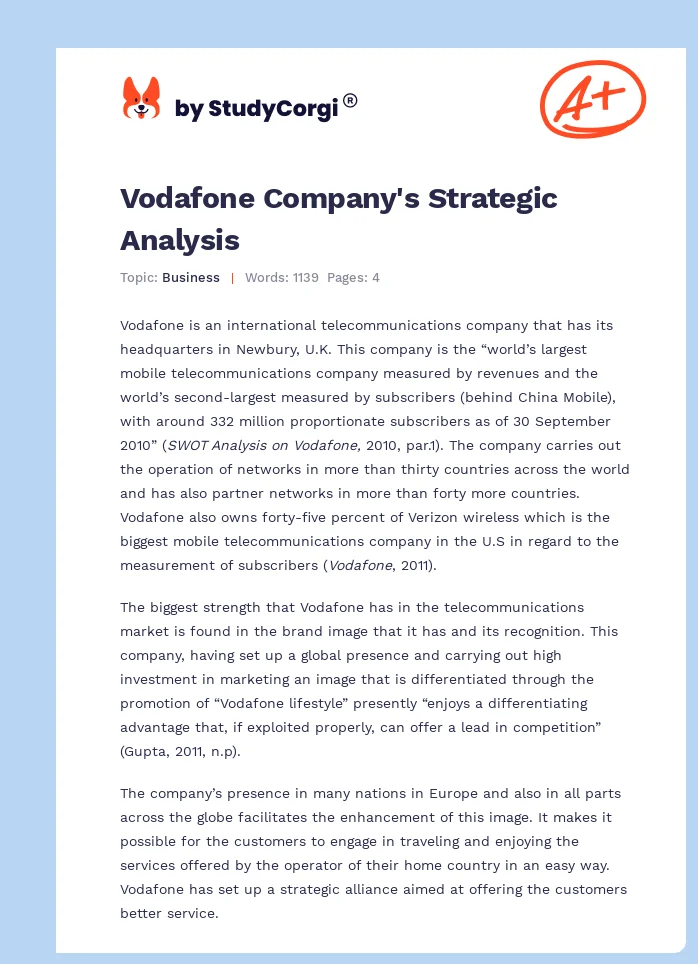 Vodafone Company's Strategic Analysis. Page 1
