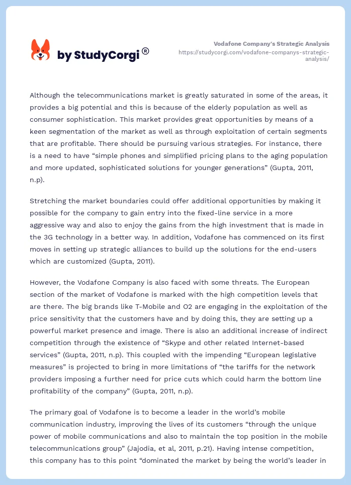 Vodafone Company's Strategic Analysis. Page 2
