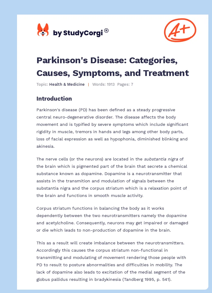 Parkinson's Disease: Categories, Causes, Symptoms, and Treatment. Page 1