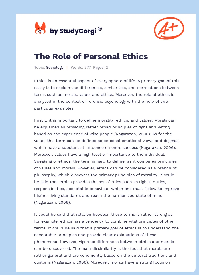 The Role of Personal Ethics. Page 1