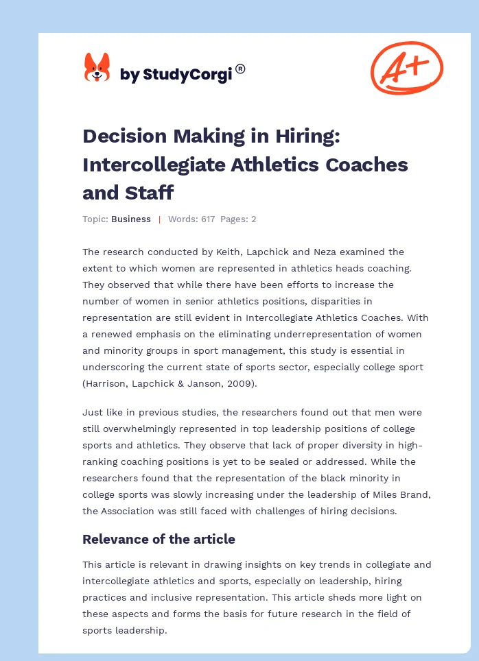 Decision Making in Hiring: Intercollegiate Athletics Coaches and Staff. Page 1