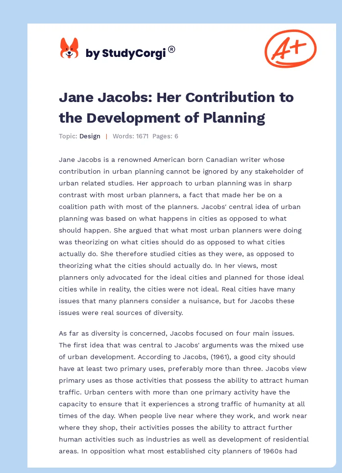 Jane Jacobs: Her Contribution to the Development of Planning. Page 1