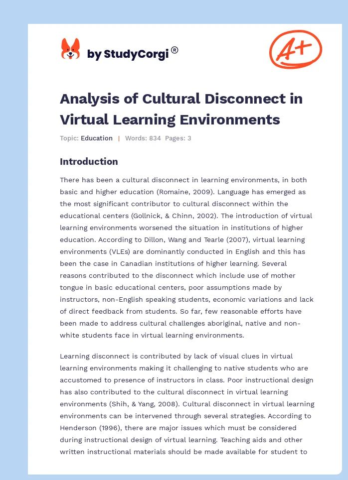 Analysis of Cultural Disconnect in Virtual Learning Environments. Page 1