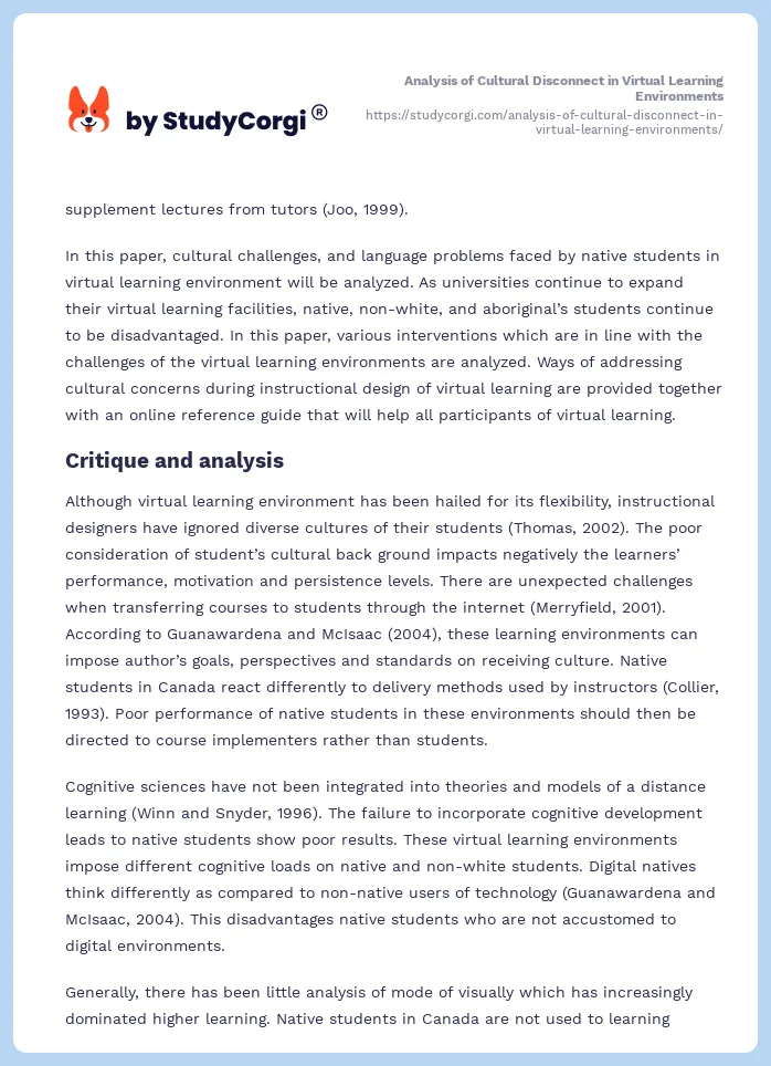 Analysis of Cultural Disconnect in Virtual Learning Environments. Page 2
