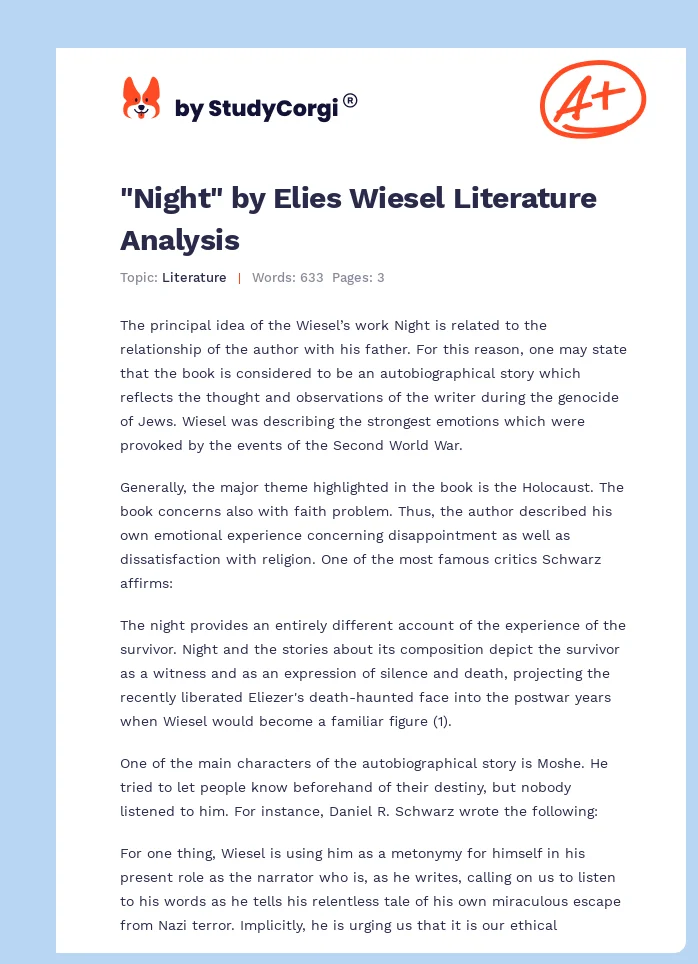"Night" by Elies Wiesel Literature Analysis. Page 1