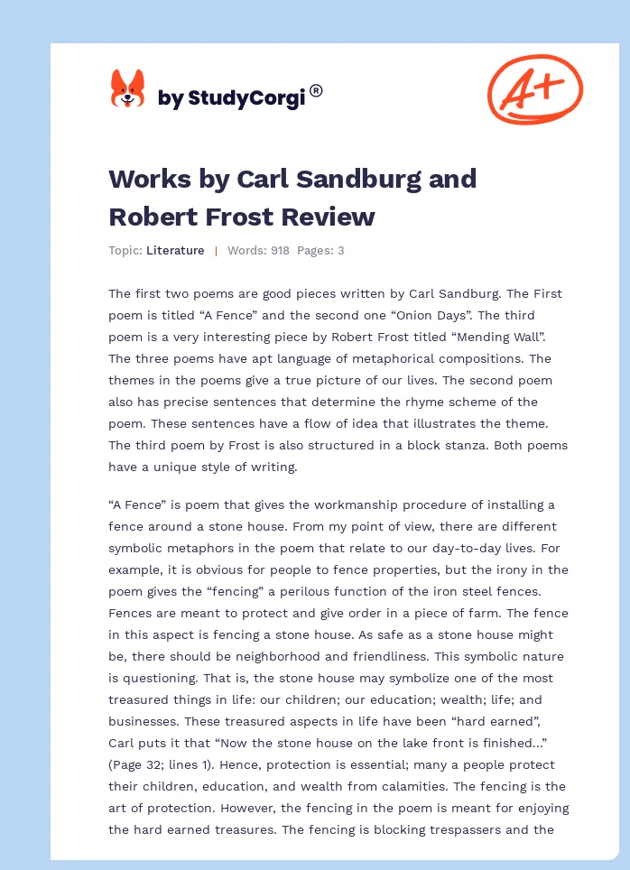 Works by Carl Sandburg and Robert Frost Review. Page 1