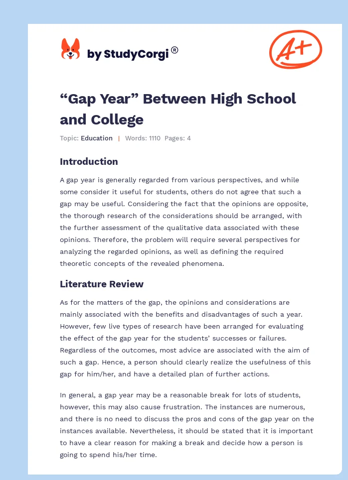 “Gap Year” Between High School and College. Page 1