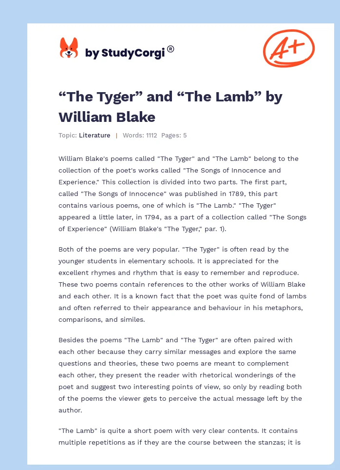 “The Tyger” and “The Lamb” by William Blake. Page 1
