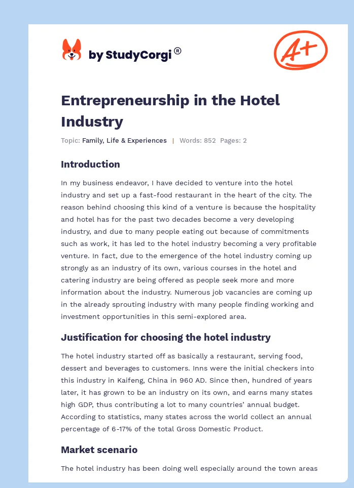 Entrepreneurship in the Hotel Industry. Page 1