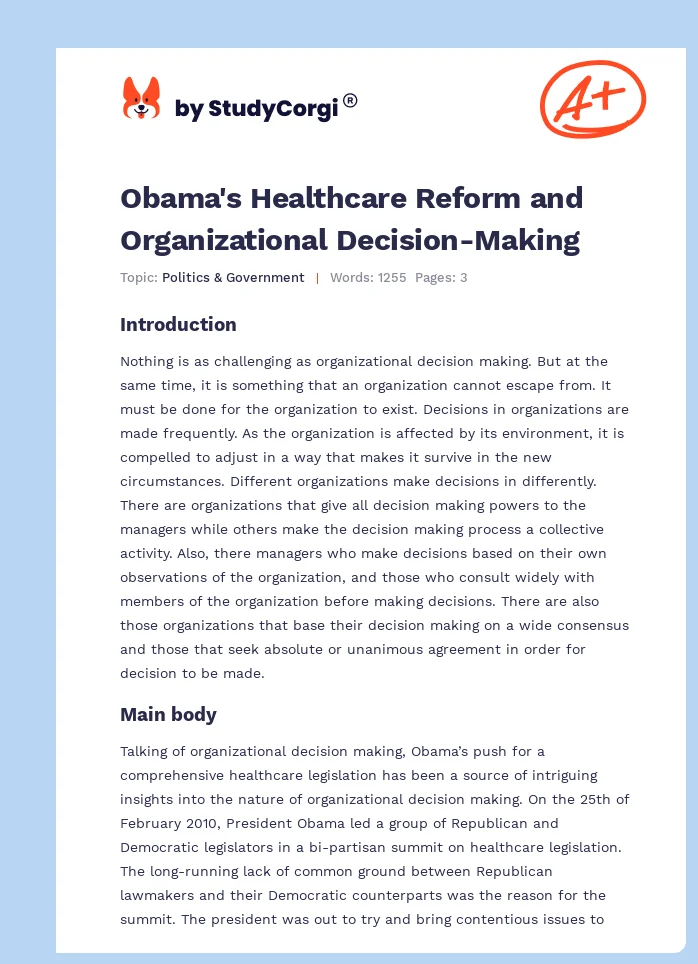 Obama's Healthcare Reform and Organizational Decision-Making. Page 1