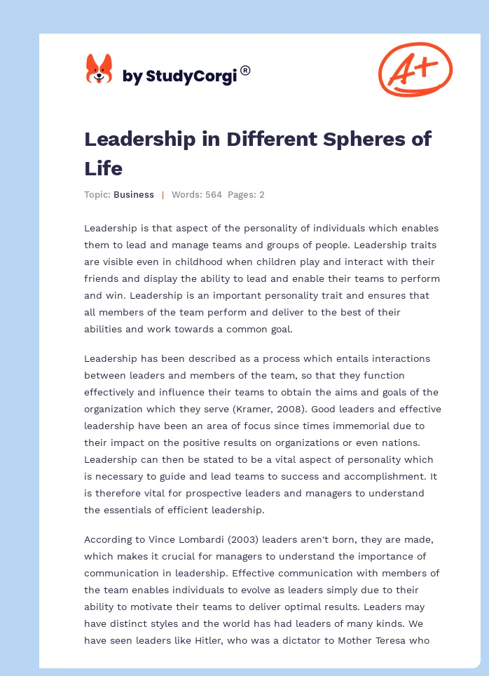 Leadership in Different Spheres of Life. Page 1