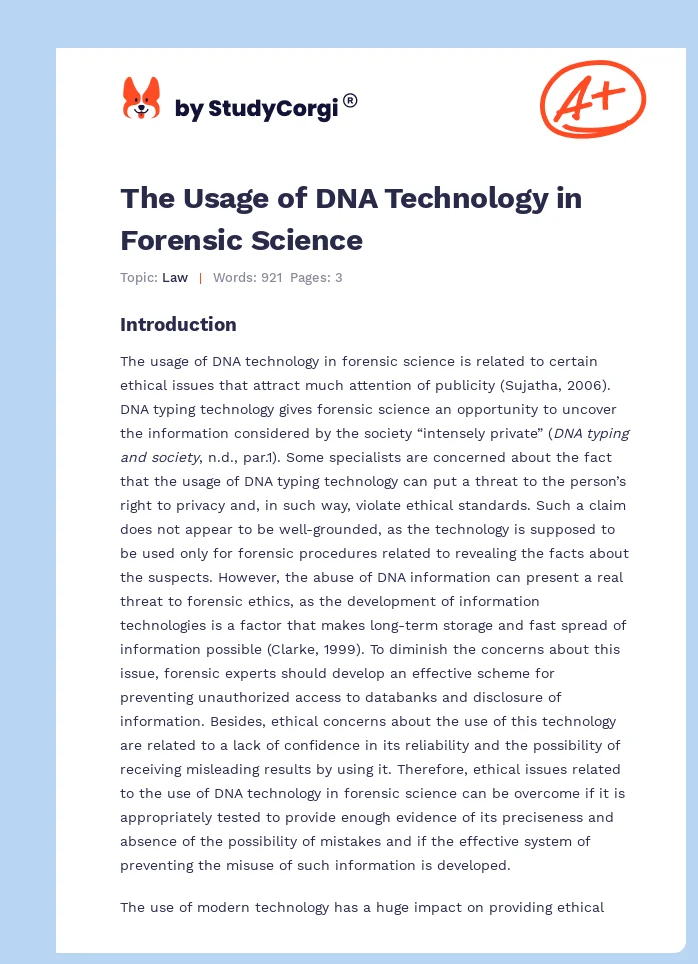 The Usage of DNA Technology in Forensic Science. Page 1