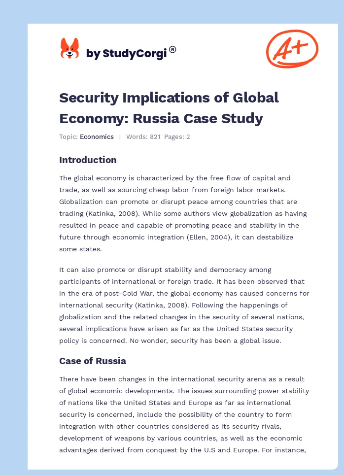 Security Implications of Global Economy: Russia Case Study. Page 1