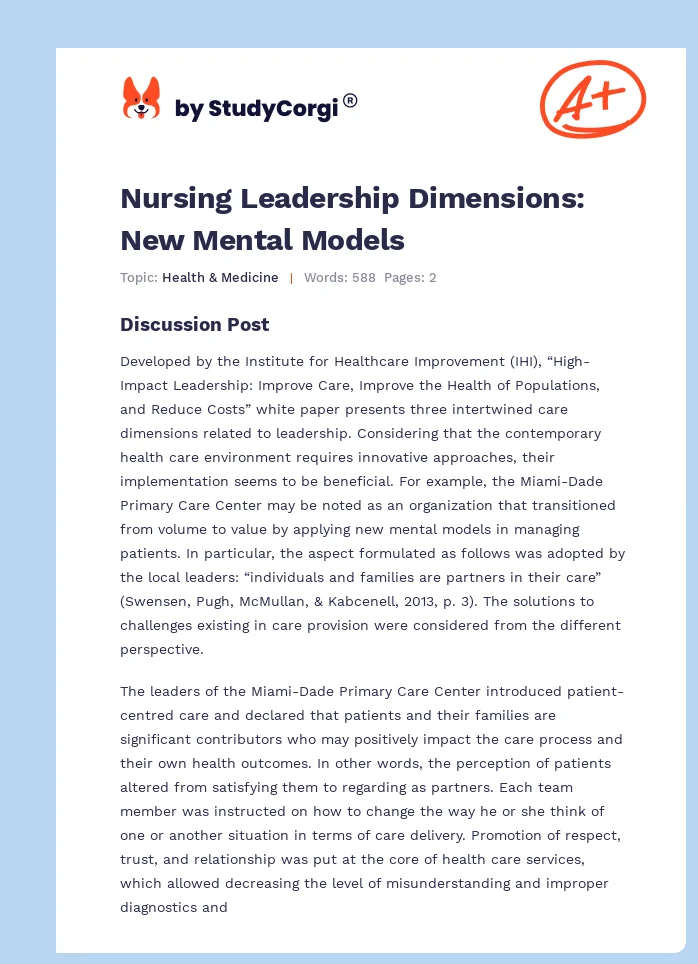 Nursing Leadership Dimensions: New Mental Models. Page 1
