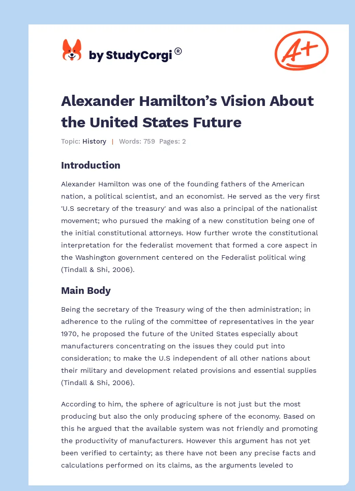 Alexander Hamilton’s Vision About the United States Future. Page 1