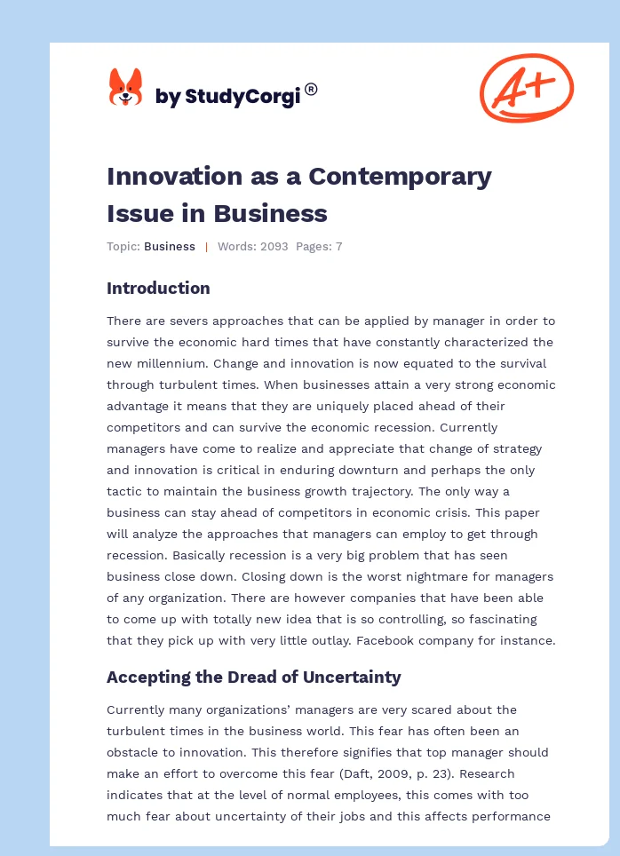 Innovation as a Contemporary Issue in Business. Page 1