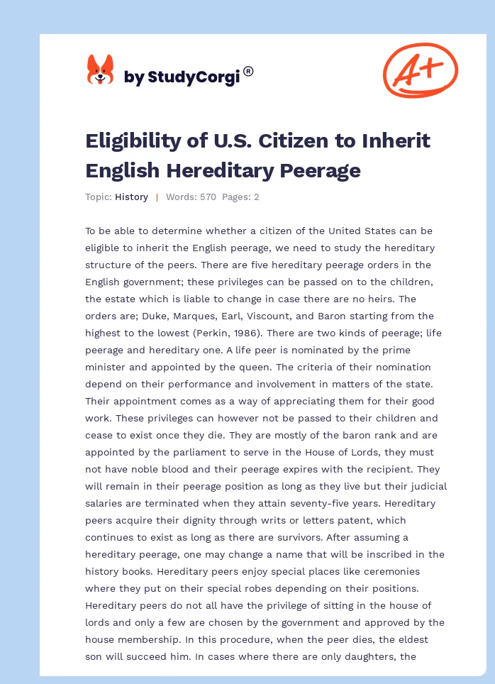 Eligibility of U.S. Citizen to Inherit English Hereditary Peerage. Page 1