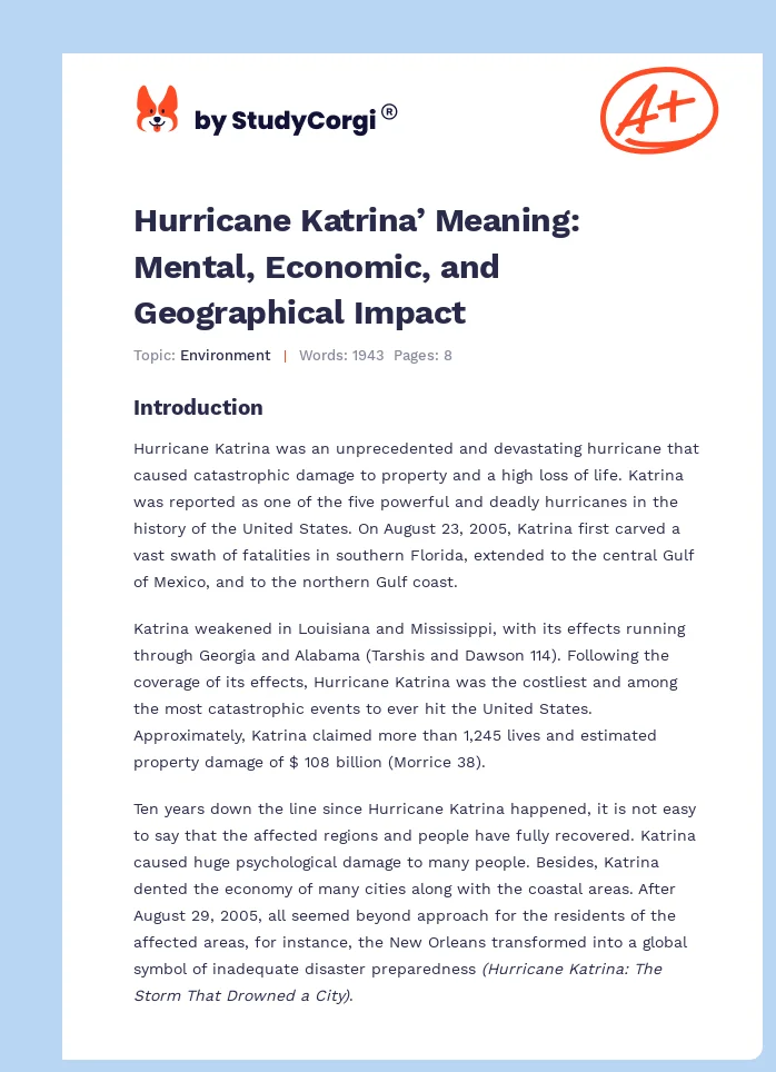 Hurricane Katrina’ Meaning: Mental, Economic, and Geographical Impact. Page 1