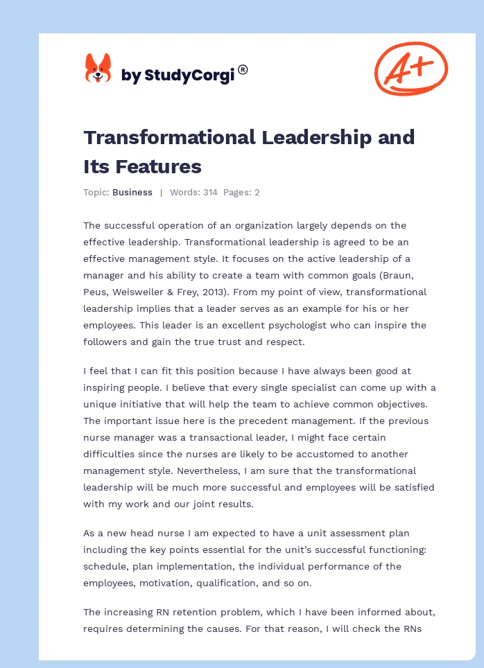 Transformational Leadership and Its Features. Page 1