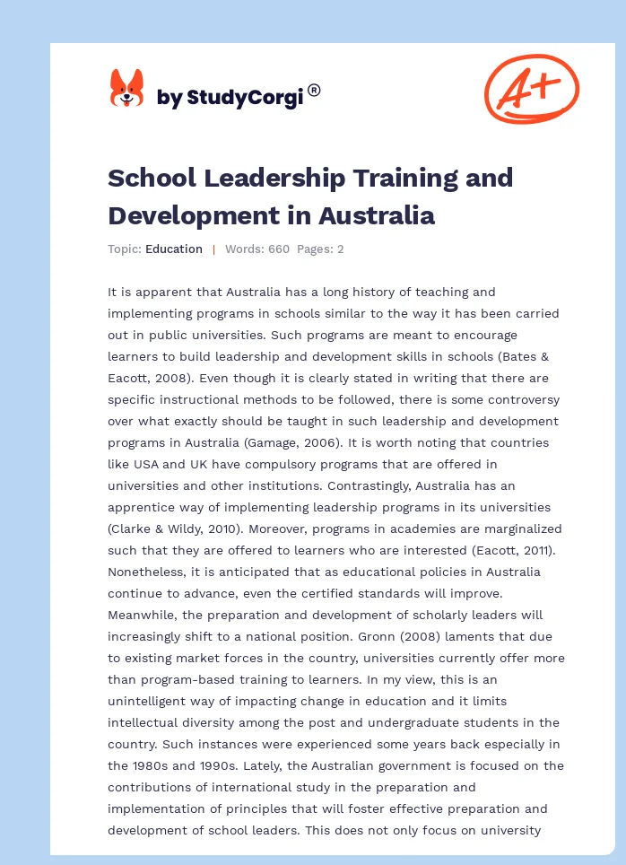 School Leadership Training and Development in Australia. Page 1