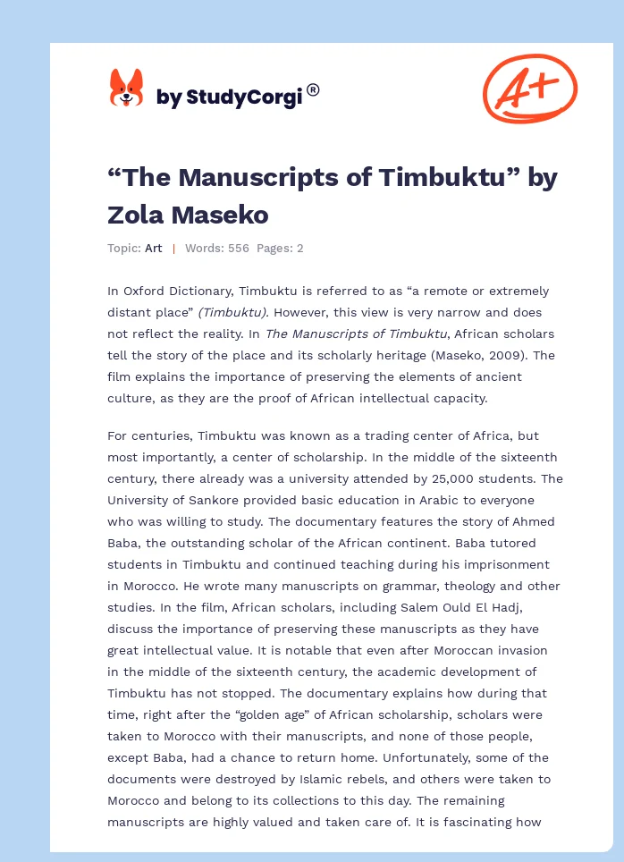 “The Manuscripts of Timbuktu” by Zola Maseko. Page 1