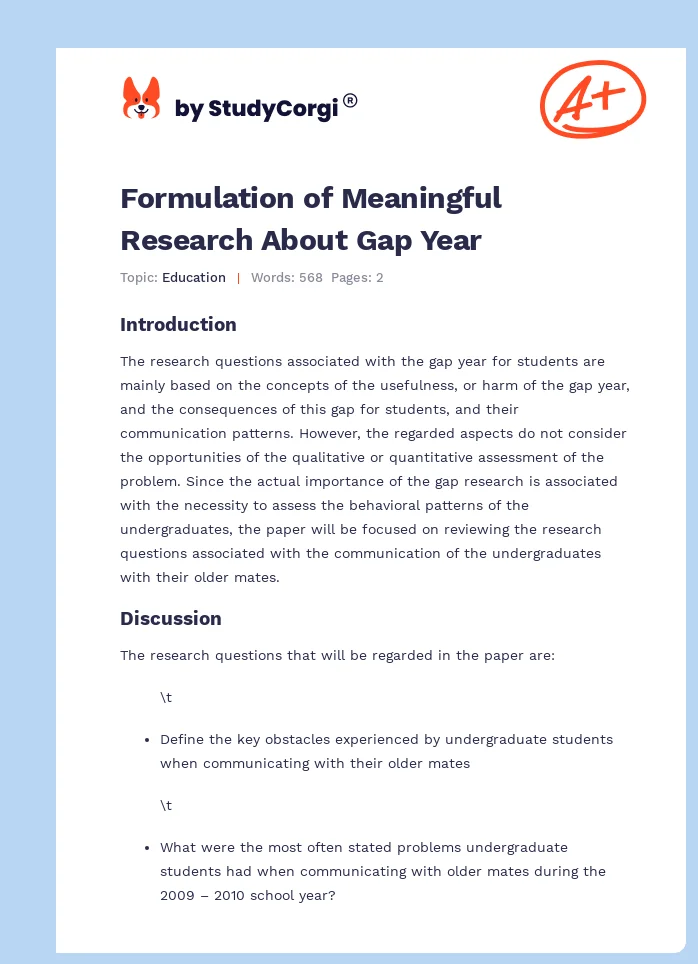 Formulation of Meaningful Research About Gap Year. Page 1