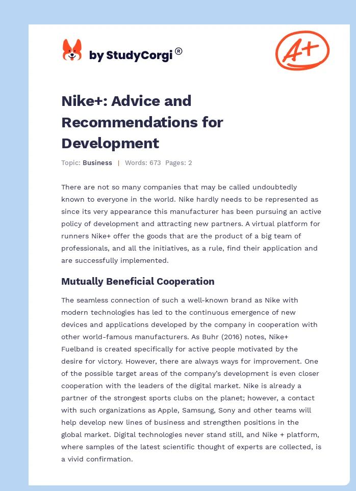 Nike+: Advice and Recommendations for Development. Page 1