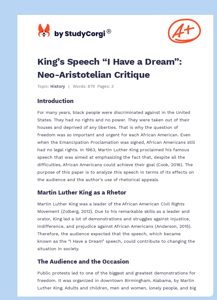 King’s Speech “I Have a Dream”: Neo-Aristotelian Critique. Page 1