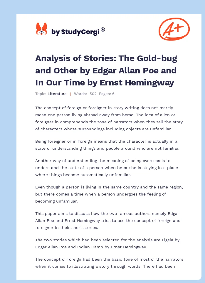 Analysis of Stories: The Gold-bug and Other by Edgar Allan Poe and In Our Time by Ernst Hemingway. Page 1