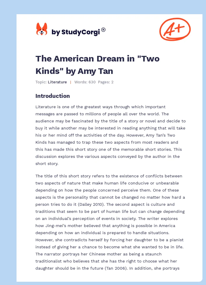 The American Dream in "Two Kinds" by Amy Tan. Page 1