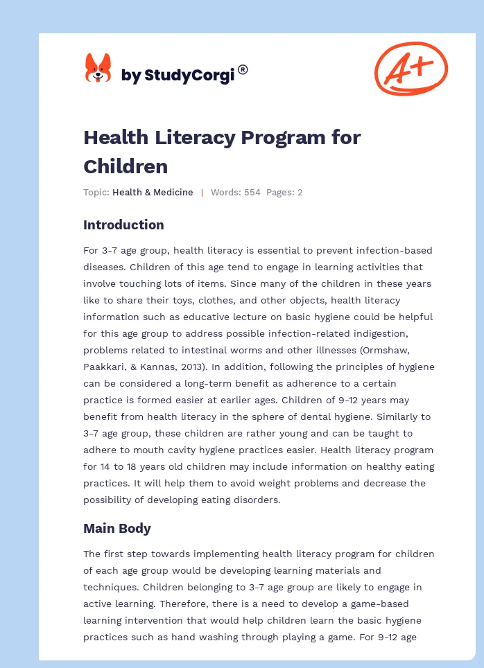 Health Literacy Program for Children. Page 1