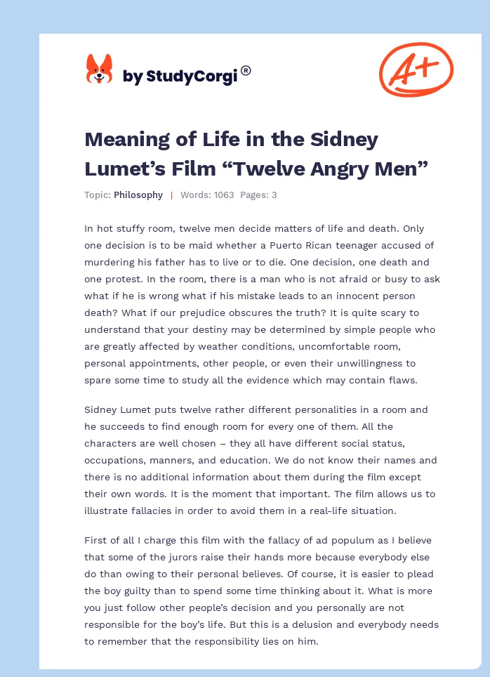 Meaning of Life in the Sidney Lumet’s Film “Twelve Angry Men”. Page 1