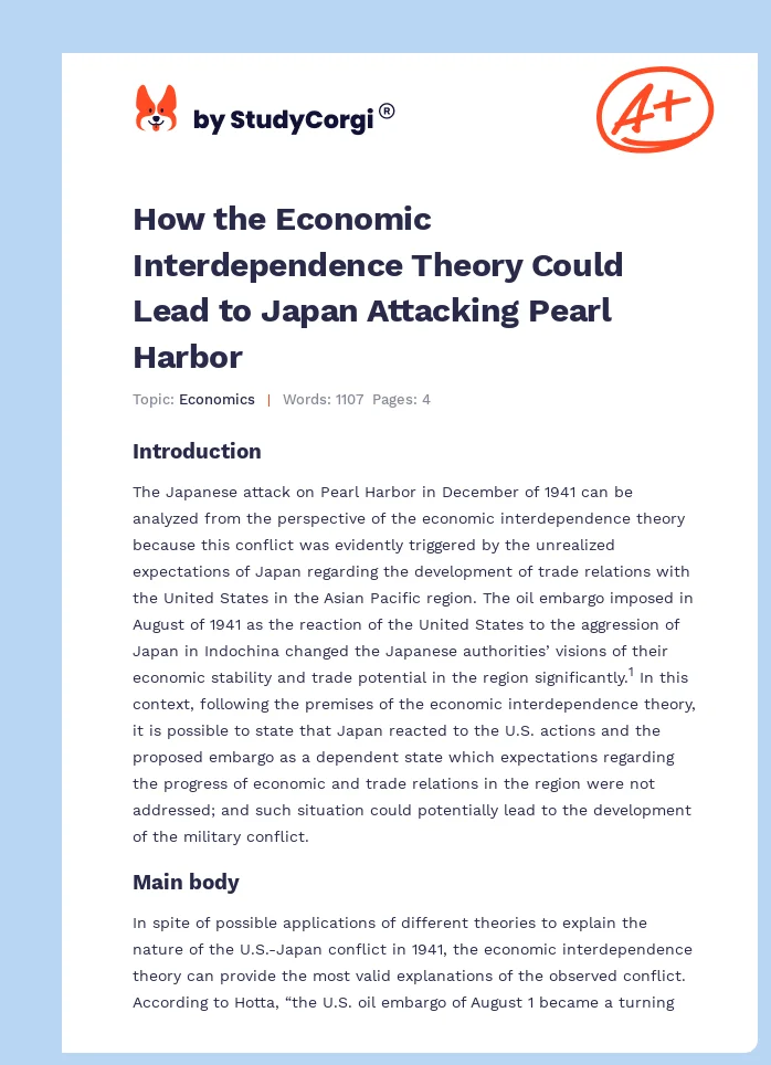 How the Economic Interdependence Theory Could Lead to Japan Attacking Pearl Harbor. Page 1