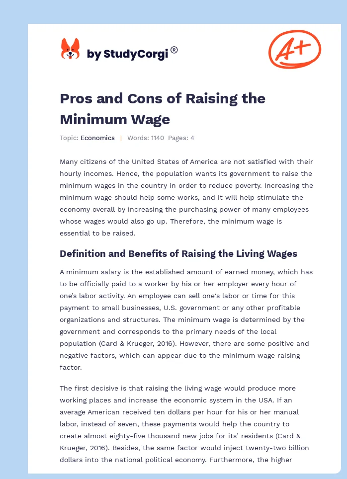 Pros and Cons of Raising the Minimum Wage. Page 1