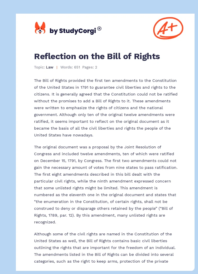 Reflection on the Bill of Rights. Page 1