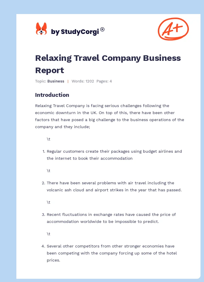 Relaxing Travel Company Business Report. Page 1