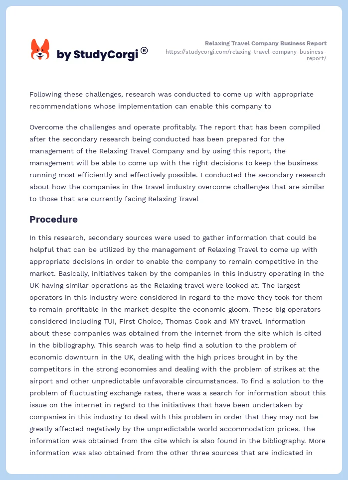 Relaxing Travel Company Business Report. Page 2