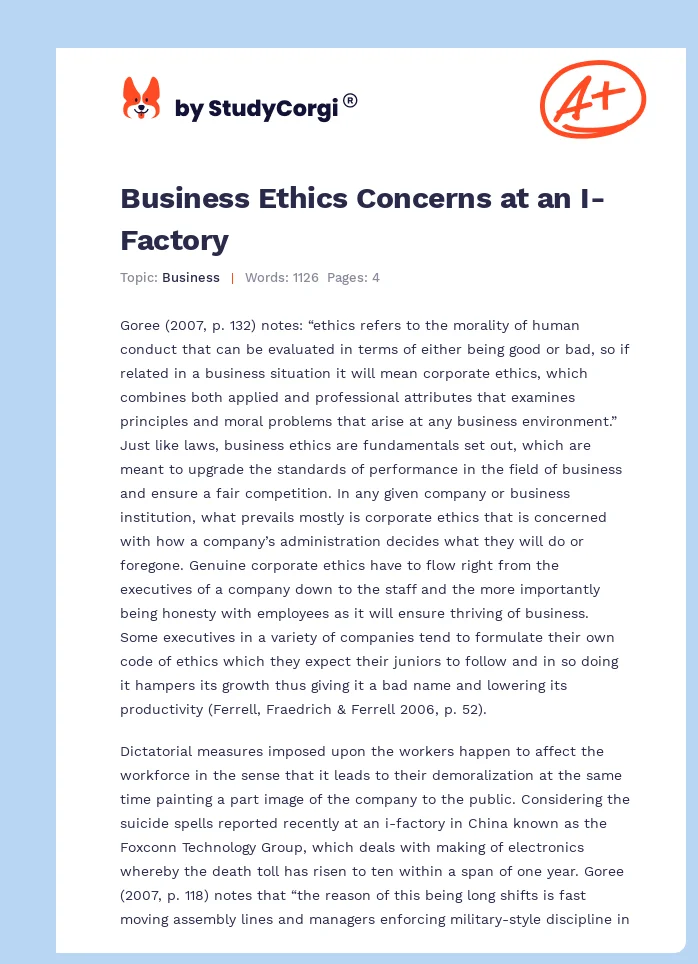 Business Ethics Concerns at an I-Factory. Page 1