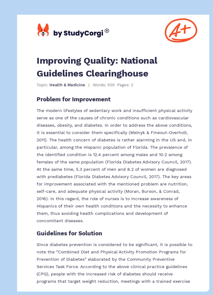Improving Quality: National Guidelines Clearinghouse. Page 1