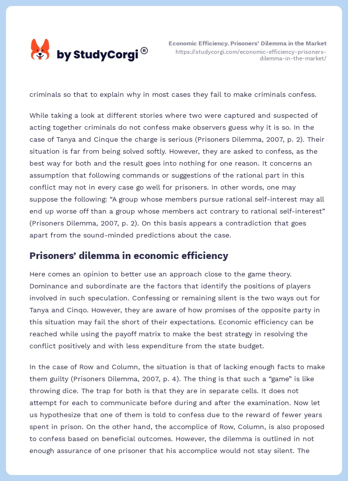 Economic Efficiency. Prisoners’ Dilemma in the Market. Page 2